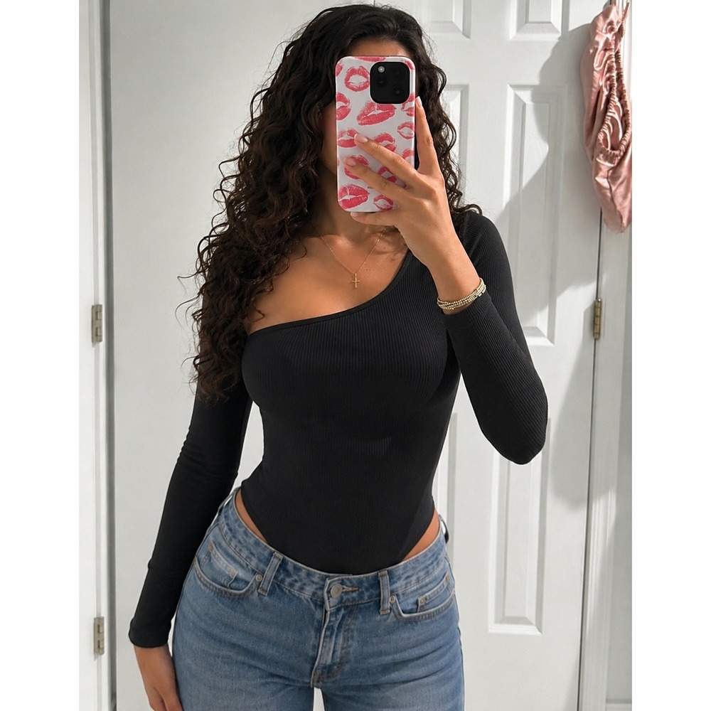 7 For All Mankind Ribbed Bodysuit Womens S Black Long Sleeve Asymmetrical V-Neck